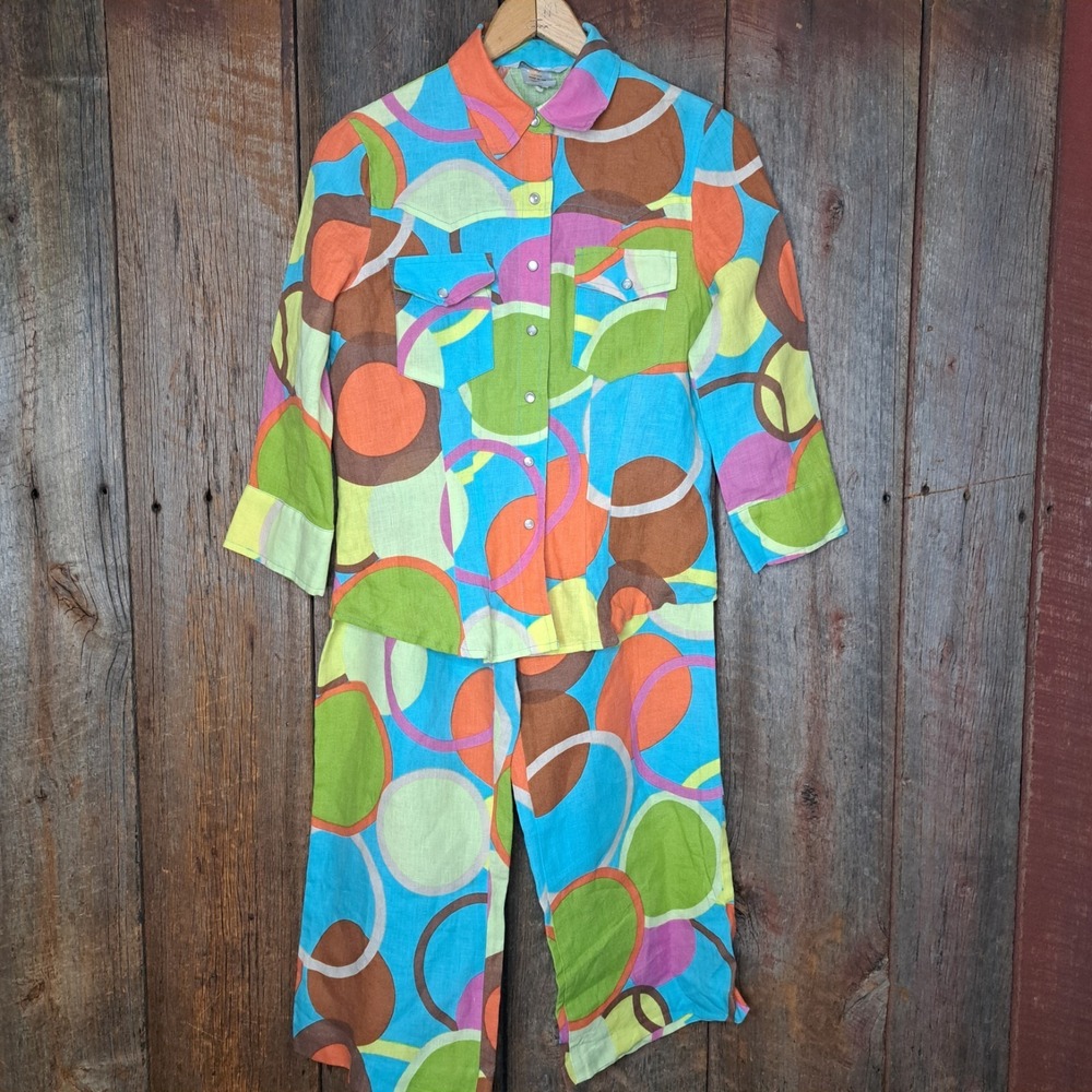 Groovy 1960s Inspired Retro Mod VTG 100% Linen 2 Piece Set Women's M USA Made